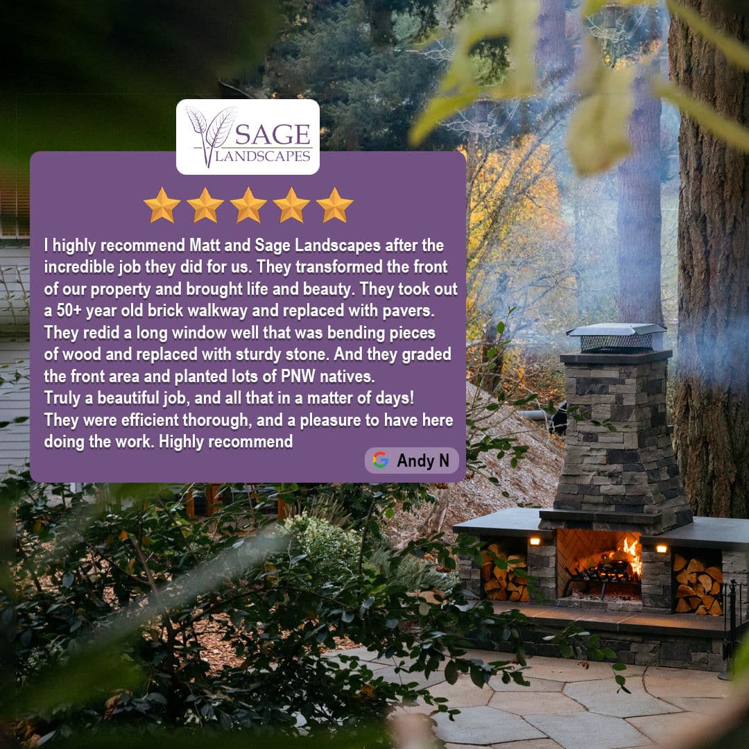 Customer testimonial for Sage Landscapes featuring a backyard fire pit and greenery.