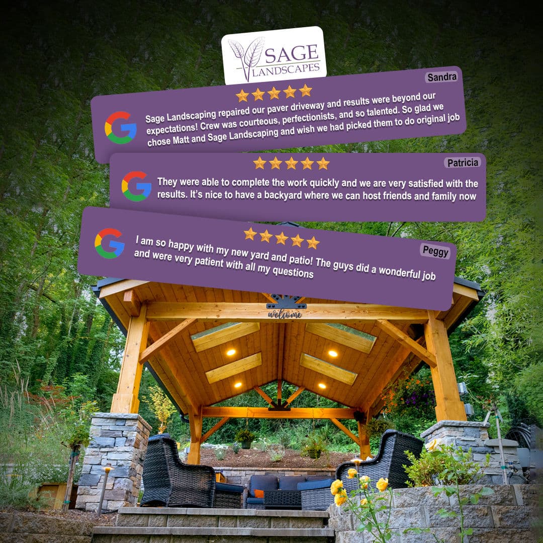 Customer testimonials highlighting satisfaction with Sage Landscaping's services and patio project.
